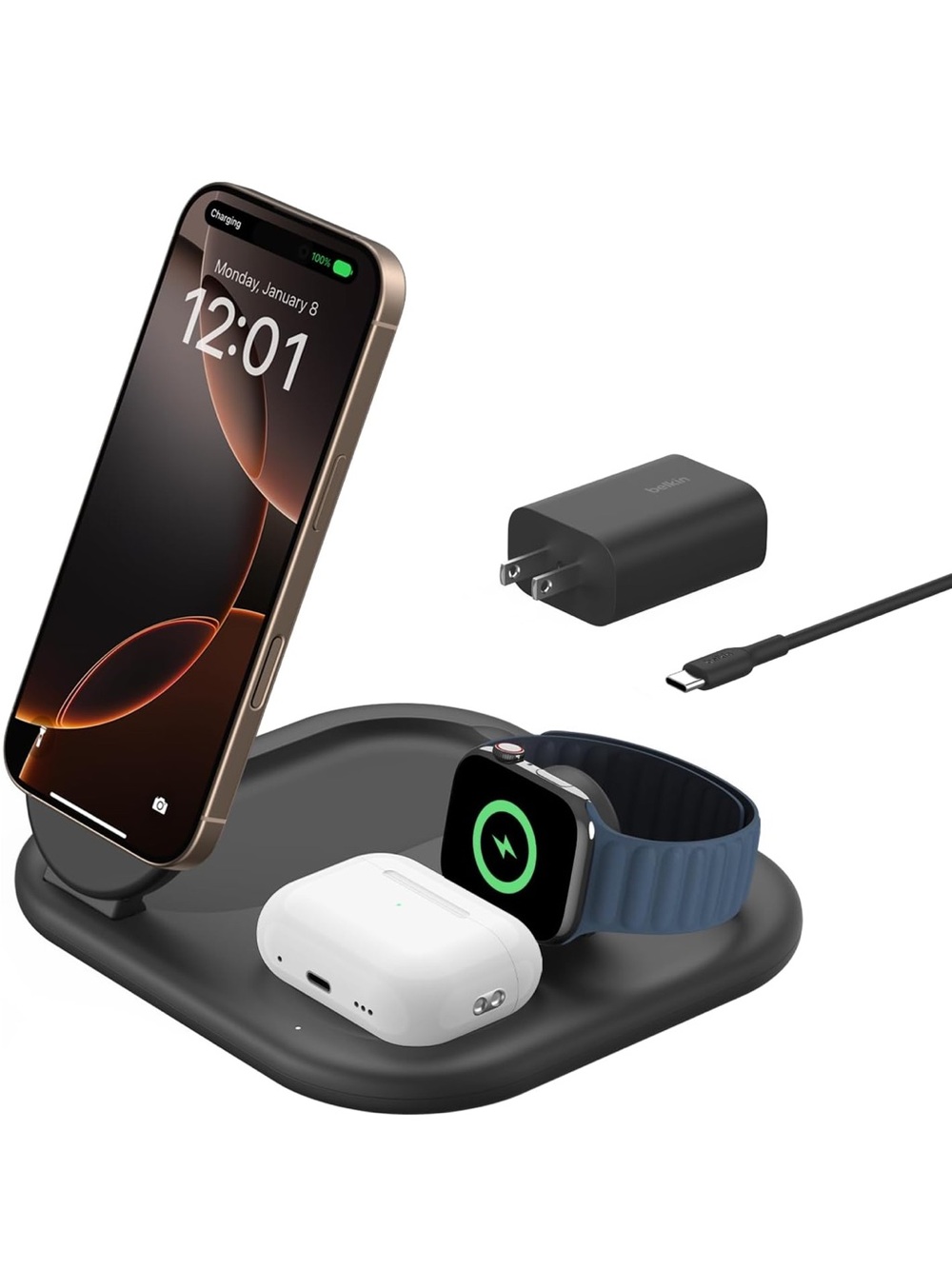 Belkin 3-in-1 Wireless Charging Station for Phone, Watch, and Earbuds - Black